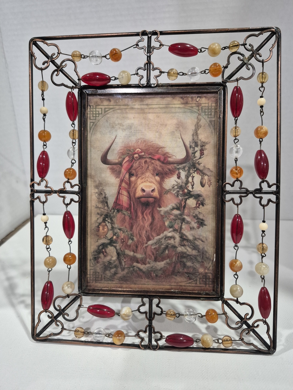 Beaded Copper Picture Frame with Cow Print And Red and Amber Accents
